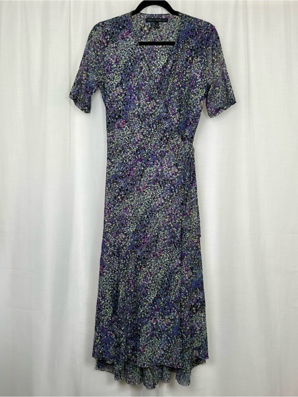White House Black Market Mesh Wrap Midi Dress Abstract Confetti Ruffle Size 6 NY